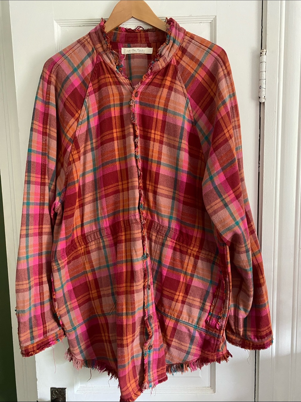 Free People summer daydream Pink Orange Plaid Button-Front Shirt Jacket